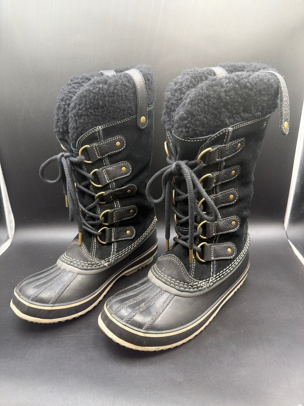 SOREL Joan of Arctic Womens Size 7.5 Black Suede Wool Cuff Snow Boots Snap Flaw